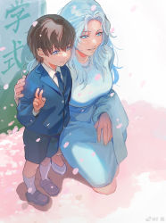 Rule 34 | 1boy, 1girl, adventurer (ff14), aged down, alternate costume, alternate universe, bead necklace, beads, blue dress, blue eyes, blue hair, blue jacket, blue necktie, blue shorts, braid, brown footwear, brown hair, buttons, cherry blossoms, child, chinese commentary, collared shirt, commentary request, contemporary, dress, entrance ceremony, falling petals, final fantasy, final fantasy xiv, formal, from above, full body, half updo, hand on another&#039;s back, hand up, height difference, high heels, highres, hyur, jacket, jewelry, kneeling, loafers, long hair, long sleeves, looking ahead, mother and son, necklace, necktie, outdoors, parted lips, petals, shirt, shoes, short hair, shorts, shou rou, single braid, smile, socks, spring (season), standing, translated, v, venat (ff14), warrior of light (ff14), wavy hair, weibo logo, weibo watermark, white footwear, white shirt, white socks