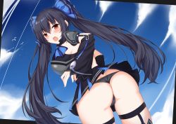 Rule 34 | 1girl, ass, black hair, blush, breasts, cameltoe, cloud, embarrassed, from behind, from below, garter straps, highres, kurigura (sketch san), large breasts, long hair, neptune (series), noire (neptunia), open mouth, panties, red eyes, sky, solo, thighhighs, thong, twintails, underwear