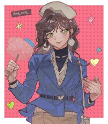 Rule 34 | 1girl, aa asu, artist name, bag, belt, blue coat, border, brown hair, brown pants, cabbie hat, casual, closed mouth, coat, cotton candy, earrings, food, green eyes, hat, highres, holding, holding food, jewelry, long hair, long sleeves, looking at viewer, pants, pink background, polka dot, polka dot background, rosa (tears of themis), shoulder bag, smile, solo, tears of themis, white border