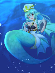Rule 34 | 1girl, air bubble, aqua hair, blush, braid, breasts, bubble, center opening, cleavage, clothing cutout, fins, green hair, hat, head fins, kneeless mermaid, large breasts, long hair, looking at viewer, mermaid, monster girl, monster girl encyclopedia, open mouth, priestess, red eyes, rethnick, scales, sea bishop, smile, solo, stone tablet, twin braids, underwater
