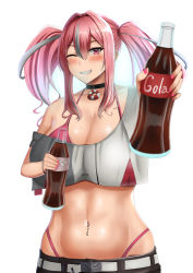 Rule 34 | 1girl, azur lane, bare shoulders, belt, bikini, bikini under clothes, black choker, black shorts, blurry, blurry foreground, blush, bottle, breasts, bremerton (azur lane), choker, cleavage, cola, collarbone, commentary request, crop top, crop top overhang, ear piercing, giving, grey belt, grey hair, grin, groin, hair between eyes, hair intakes, highleg, highleg bikini, highres, holding, holding bottle, inuchiyo (inuchiyo44), large breasts, long hair, looking at viewer, midriff, mole, mole on breast, mole under eye, multicolored hair, nail polish, navel, navel piercing, off-shoulder shirt, off shoulder, one eye closed, piercing, pink bikini, pink eyes, pink hair, pink nails, shirt, short sleeves, shorts, sidelocks, simple background, smile, solo, standing, streaked hair, swimsuit, twintails, two-tone hair, two-tone shirt, upper body, white background, wristband