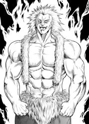 Rule 34 | 1boy, aura, fur scarf, greyscale, highres, hunter x hunter, male focus, monochrome, muscular, muscular male, navel, open mouth, sideburns, smile, solo, spiked hair, topless male, upper body, uvogin, yasuaki