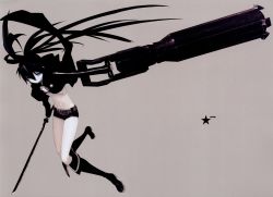 Rule 34 | 10s, 1girl, arm cannon, bikini, bikini top only, black hair, black rock shooter, black rock shooter (character), blue eyes, boots, female focus, highres, huke, jacket, long hair, midriff, navel, scar, shorts, solo, star (symbol), swimsuit, sword, twintails, very long hair, weapon