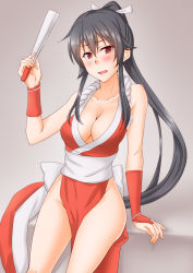 Rule 34 | 1girl, anti (untea9), black hair, breasts, cleavage, folded fan, commentary request, cosplay, cowboy shot, fatal fury, folding fan, gauntlets, grey background, hair ribbon, hand fan, high ponytail, highres, kantai collection, large breasts, long hair, look-alike, looking at viewer, pelvic curtain, ponytail, red eyes, revealing clothes, ribbon, shiranui mai, shiranui mai (cosplay), sidelocks, solo, the king of fighters, white ribbon, yahagi (kancolle)