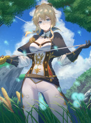 Rule 34 | 1girl, absurdres, bj8103, black bow, black capelet, black gloves, blonde hair, blue eyes, bow, breasts, capelet, cleavage, closed mouth, dandelion, flower, from below, genshin impact, gloves, grass, hair bow, highres, holding, holding sword, holding weapon, jean (genshin impact), long sleeves, medium breasts, pants, ponytail, puffy sleeves, rapier, shirt, solo, sword, weapon, white pants, white shirt