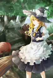 Rule 34 | 1girl, apron, arrow (symbol), blonde hair, bow, braid, broom, dress, forest, futago, hair bow, hat, hat bow, highres, kirisame marisa, long hair, long sleeves, looking at viewer, nature, signpost, single braid, smile, solo, touhou, turtleneck, vest, waist apron, wavy hair, witch hat, yellow eyes