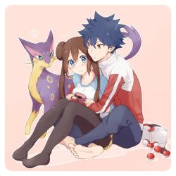 Rule 34 | 1boy, 1girl, ?, bad id, bad twitter id, barefoot, blue eyes, blush, breasts, brown hair, brown pantyhose, closed mouth, collarbone, commentary request, creatures (company), flying sweatdrops, game freak, gen 5 pokemon, hugh (pokemon), liepard, long hair, nintendo, pants, pantyhose, poke ball, poke ball (basic), pokemon, pokemon (creature), pokemon bw2, raglan sleeves, rosa (pokemon), sidelocks, soles, spoken question mark, toes, twintails, yairo (sik s4)