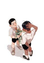 Rule 34 | 2boys, aged down, arm behind back, arm behind head, black footwear, black hair, black shorts, blue eyes, blush, chengongzi123, child, commentary, ear blush, english commentary, full body, golden kamuy, hand blush, hands up, highres, holding, holding toy, koito otonoshin, looking at another, male focus, multiple boys, necktie, open mouth, red necktie, school uniform, shadow, shirt, short hair, short sleeves, shorts, simple background, sparkling aura, standing, toy, toy robot, tsukishima hajime, very short hair, white background, white shirt