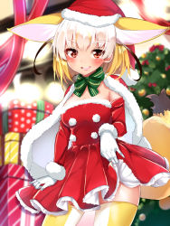 Rule 34 | 10s, 1girl, alternate costume, animal ears, arm at side, black hair, blonde hair, blush, bow, bowtie, cape, christmas, christmas tree, clothes lift, commentary, cowboy shot, detached sleeves, dress, dress lift, extra ears, eyebrows, fennec (kemono friends), fox ears, fox tail, fur-trimmed cape, fur-trimmed sleeves, fur trim, gift, gloves, green thighhighs, hand up, hat, highres, kemono friends, kinou no shika, lifted by self, looking at viewer, medium hair, multicolored hair, open mouth, pom pom (clothes), red dress, santa costume, santa gloves, santa hat, short dress, smile, solo, standing, strapless, strapless dress, tail, thighhighs, upper body, white gloves, white hair, yellow thighhighs, zettai ryouiki