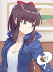 Rule 34 | 1girl, blue eyes, blue sweater, blunt bangs, bow, breasts, brown hair, cardigan, cleavage, hair bow, hedgehog, highres, hood, hood down, hooded sweater, indoors, large breasts, long hair, new game!, open cardigan, open clothes, papipana, ponytail, red bow, shirt, sidelocks, smile, solo, soujirou (new game!), sweater, takimoto hifumi, upper body, white shirt