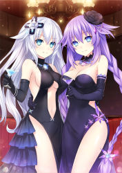 Rule 34 | 2girls, absurdres, aqua eyes, artist request, bare shoulders, black heart (neptunia), blue eyes, braid, breasts, cleavage, cocktail, cocktail glass, covered navel, cup, d-pad, detached collar, dress, drinking glass, hair between eyes, hair flaps, hair ornament, highres, jewelry, large breasts, long hair, looking at viewer, multiple girls, navel, neptune (series), official art, power symbol, power symbol-shaped pupils, purple hair, purple heart (neptunia), sideboob, smile, symbol-shaped pupils, thighs, tsunako, twin braids, underboob, very long hair, white hair