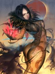 Rule 34 | 10s, 1girl, arched back, ass, black hair, blade &amp; soul, dee, feathers, fishnets, jin seo-yeon, jin seoyeon, lips, magic, outstretched arm, red eyes, short hair, skin tight, solo