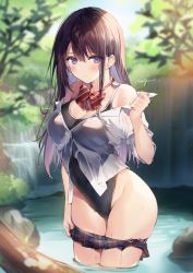 Rule 34 | 1girl, 3:, bare shoulders, black skirt, black one-piece swimsuit, blurry, bow, bowtie, breasts, brown hair, clothes pull, depth of field, frown, groin, highleg, highleg swimsuit, highres, large breasts, long hair, looking at viewer, miniskirt, necomi, off shoulder, one-piece swimsuit, original, outdoors, pleated skirt, purple eyes, see-through, shirt, short sleeves, sidelocks, skirt, skirt pull, solo, standing, swimsuit, thighs, wading, water, wet, white shirt