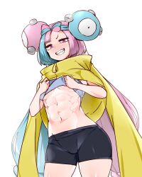 Rule 34 | 1girl, abs, aqua hair, bike shorts, blush, breasts, clothes lift, commentary, cowboy shot, creatures (company), eyelashes, game freak, grey shirt, grin, half-closed eyes, hanzo (2929), iono (pokemon), jacket, lifted by self, long hair, looking down, medium breasts, multicolored hair, navel, nintendo, pink hair, pokemon, pokemon sv, purple eyes, shirt, shirt lift, simple background, smile, solo, teeth, twintails, two-tone hair, white background, yellow jacket