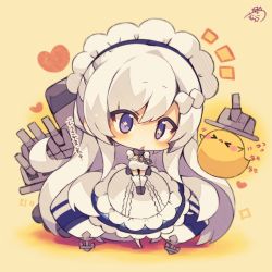 Rule 34 | &gt; &lt;, 1girl, :&lt;, anchor, animal, apron, azur lane, beige background, belfast (azur lane), bird, blue dress, blush, blush stickers, breasts, breasts squeezed together, broken, broken chain, cannon, chain, chibi, chick, closed eyes, dress, flying sweatdrops, gloves, hair between eyes, heart, highres, large breasts, long hair, maid headdress, muuran, parted lips, puffy short sleeves, puffy sleeves, purple eyes, short sleeves, signature, solo, sparkle, star-shaped pupils, star (symbol), symbol-shaped pupils, triangle mouth, turret, v arms, very long hair, white apron, white gloves, white hair