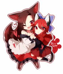 Rule 34 | 2girls, :o, animal ears, bad id, bad pixiv id, bare shoulders, blush, bow, breasts, brown hair, capelet, cat ears, cat tail, cleavage, hair bow, imaizumi kagerou, kaenuco, kemonomimi mode, long hair, looking at viewer, medium breasts, multiple girls, one eye closed, red eyes, red hair, sekibanki, short hair, simple background, tail, touhou, white background, wink, wolf ears, wolf tail