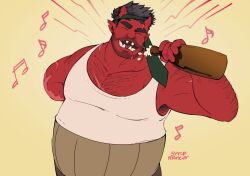 Rule 34 | 1boy, ^ ^, amputee, armpit hair, armpit hair peek, back hair, bara, beard stubble, belly, black hair, bottle, closed eyes, colored skin, cowboy shot, demon boy, demon horns, facial hair, fangs, fat, fat man, hairy, highres, hiroto (dick gumshoe), horns, huge eyebrows, large pectorals, male focus, mature male, monster boy, muscular, muscular male, music, necktie, necktie on head, notched ear, original, pectoral cleavage, pectorals, pointy ears, red skin, second-party source, short hair, singing, solo, sparse chest hair, stubble, syrupmancer, tank top, thick arm hair, tusks, white tank top, wine bottle