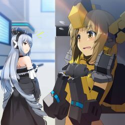 Rule 34 | 2girls, bare shoulders, black dress, blush, breasts, brown eyes, brown hair, cityscape, clenched hands, cosmic break, cosmic break 2, dress, goth fashion, grey hair, hair ribbon, hands on own chest, headgear, highres, ivis, large breasts, long hair, looking back, mecha musume, multiple girls, notice lines, official art, open mouth, own hands together, panicking, red eyes, rei (cosmic break), ribbon, robot ears, second-party source, short hair, very long hair, wakaba sprout