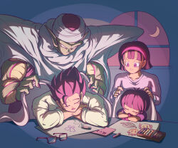 Rule 34 | 2boys, 2girls, biceps, black hair, blanket, blunt bangs, blush, blush stickers, cape, child, child&#039;s drawing, closed eyes, closed mouth, colored skin, commentary request, covering with blanket, crayon, crescent moon, dragon ball, dragon ball super, dragon ball super super hero, drawing, eyelashes, father and daughter, glasses, gloves, green skin, hairband, hands up, holding, holding blanket, husband and wife, indoors, koukyouji, long sleeves, moon, mother and daughter, multiple boys, multiple girls, muscular, muscular male, namekian, night, open mouth, pan (dragon ball), paper, piccolo, pointy ears, purple-framed eyewear, purple eyes, purple gloves, purple hairband, purple shirt, rectangular eyewear, shirt, short hair, short sleeves, shoulder pads, sleeping, sleeping upright, smile, son gohan, spiked hair, t-shirt, table, turban, unworn eyewear, v-shaped eyebrows, videl, white cape, white shirt, window