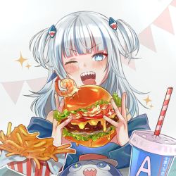 Rule 34 | 1girl, :d, bloop (gawr gura), blue eyes, blunt bangs, blush, burger, chiseoyasumi, cup, disposable cup, food, french fries, gawr gura, highres, hololive, hololive english, one eye closed, open mouth, redrawn, sharp teeth, shrimp, sidelocks, smile, solo, teeth, twintails, virtual youtuber, white hair