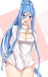 Rule 34 | &gt;:o, 10s, 1girl, 2014, :o, alternate costume, angry, aoki hagane no arpeggio, blue eyes, blue hair, blush, bottomless, breasts, cleavage, cleavage cutout, clothing cutout, covering privates, covering crotch, cowboy shot, dated, hair between eyes, hand on own chest, high ponytail, highres, large breasts, long hair, long sleeves, looking at viewer, luzi, matching hair/eyes, meme attire, mole, mole under mouth, naked sweater, open-chest sweater, parted bangs, pink background, ponytail, ribbed sweater, shirt tug, shouting, sidelocks, signature, solo, standing, sweater, takao (aoki hagane no arpeggio), thigh gap, thighs, turtleneck, v-shaped eyebrows, very long hair, white background, wide hips