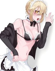 Rule 34 | 1girl, absurdres, apron, artoria pendragon (alter swimsuit rider) (fate), artoria pendragon (alter swimsuit rider) (second ascension) (fate), artoria pendragon (fate), bad id, bad pixiv id, bikini, bikini top only, black bikini, black jacket, black ribbon, black skirt, blonde hair, blush, bow, breasts, choker, cleavage, clothes down, collarbone, fate/grand order, fate (series), fingernails, frilled bikini, frilled bikini top, frilled skirt, frills, hair between eyes, hakisou, highres, jacket, leaning forward, long fingernails, looking at viewer, maid headdress, medium breasts, miniskirt, navel, neck ribbon, open clothes, open jacket, open mouth, ribbon, short hair, side ponytail, simple background, skirt, solo, standing, sweat, swimsuit, tongue, tongue out, waist apron, white apron, white background, white bow, yellow eyes