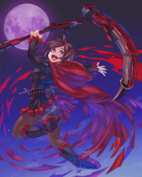 Rule 34 | 1girl, ass, black pantyhose, boots, breasts, brown hair, cape, corset, cross, from behind, full moon, gothic lolita, lolita fashion, mk-5, moon, night, open mouth, panties, panties under pantyhose, pantyhose, purple eyes, red cape, ruby rose, rwby, scythe, short hair, skirt, smile, solo, tongue, underwear, weapon