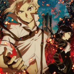 Rule 34 | 2boys, absurdres, akutagawa ryuunosuke (bungou stray dogs), album cover, ascot, black coat, black gloves, black hair, black necktie, building, bungou stray dogs, closed mouth, coat, collared shirt, cover, cowboy shot, embers, fingerless gloves, frown, gloves, gradient hair, hand in pocket, highres, long sleeves, looking at viewer, male focus, multicolored hair, multiple boys, nakajima atsushi (bungou stray dogs), necktie, official art, profile, shirt, short hair, sky, standing, suspenders, torn clothes, v-shaped eyebrows, white ascot, white hair, white shirt, yellow eyes