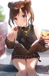 Rule 34 | 1girl, :p, black sweater, blush, breasts, brown eyes, brown hair, brown jacket, brown skirt, character request, copyright request, double bun, food, hair ornament, hairclip, highres, holding, holding food, jacket, jewelry, large breasts, looking at viewer, miniskirt, necklace, ribbed sweater, sitting, skirt, solo, sweater, takeashiro, tongue, tongue out, x hair ornament