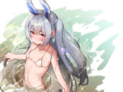 Rule 34 | 1girl, absurdres, animal ears, bad id, bad pixiv id, bare arms, bare shoulders, bikini, blue hair, blush, canizzz, closed mouth, collarbone, commentary, facial mark, grey hair, hair between eyes, hairband, highres, innertube, long hair, multicolored hair, original, rabbit ears, red eyes, ripples, solo, spade (shape), streaked hair, swim ring, swimsuit, transparent, twintails, very long hair, water, white bikini, white hairband