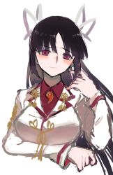 Rule 34 | 1girl, absurdres, agtt25333, black hair, blouse, blunt bangs, blush, breasts, closed mouth, collared shirt, commentary request, dress shirt, hair between eyes, hair ribbon, highres, hiyou (kancolle), kantai collection, long hair, long sleeves, magatama, purple eyes, red eyes, red shirt, ribbon, shirt, simple background, solo, sweat, upper body, white background, white ribbon, white shirt
