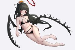 Rule 34 | 1girl, absurdres, bikini, black bikini, black hair, black nails, blue archive, blush, breasts, cleavage, closed eyes, closed mouth, frognotforg030, full body, grey background, halo, highres, looking at viewer, nail polish, navel, red eyes, simple background, solo, swimsuit, toenail polish, toenails, toes, tsurugi (blue archive), tsurugi (swimsuit) (blue archive)