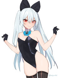 Rule 34 | 1girl, beijuu, black gloves, black leotard, black thighhighs, bunny day, closed mouth, cowboy shot, girls&#039; frontline, gloves, hair between eyes, highleg, highleg leotard, leotard, long hair, red eyes, silver hair, simple background, solo, thighhighs, tokarev (girls&#039; frontline), twintails, white background