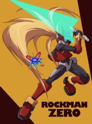 Rule 34 | 1boy, android, arm up, black bodysuit, black gloves, blonde hair, bodysuit, commentary, commentary request, copyright name, cyber elf (mega man), energy sword, english commentary, floating hair, full body, gloves, grey gloves, helmet, highres, holding, holding sword, holding weapon, hoshi mikan, jacket, long hair, male focus, mega man (series), mega man zero (series), mixed-language commentary, purple eyes, red background, red footwear, red headwear, red jacket, solo, standing, sword, two-tone background, two-tone gloves, very long hair, weapon, yellow background, zero(z) (mega man), zero (mega man)