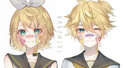 Rule 34 | 1boy, 1girl, amaharashi 34, aqua eyes, bad id, bad pixiv id, banana, banana sticker, bandaid, bandaid on face, bandaid on nose, bare arms, bass clef, black sailor collar, blonde hair, bow, character name, close-up, closed mouth, collarbone, dot nose, eyelashes, food, fruit, hair between eyes, hair bow, hair ornament, hairclip, high ponytail, highres, kagamine len, kagamine rin, light smile, looking at viewer, musical note, musical note print, musical note sticker, number print, one eye closed, orange (fruit), orange sticker, sailor collar, short hair, short ponytail, side-by-side, simple background, star (symbol), star sticker, steamroller, steamroller sticker, sticker, sticker on face, swept bangs, text focus, treble clef, tsurime, upper body, vocaloid, white background, white bow, yellow neckwear