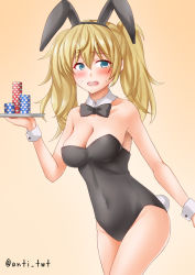 Rule 34 | 1girl, alternate costume, animal ears, anti (untea9), bare legs, black leotard, blonde hair, blush, bow, bowtie, breasts, covered navel, detached collar, fake animal ears, gambier bay (kancolle), gradient background, green eyes, hair between eyes, highres, kantai collection, large breasts, leotard, medium breasts, open mouth, playboy bunny, poker chip, rabbit ears, solo, strapless, strapless leotard, sweatdrop, traditional bowtie, tray, twintails, twitter username, wavy hair, wrist cuffs, yellow background