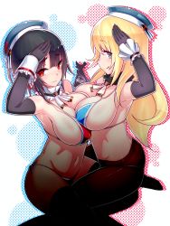 Rule 34 | 10s, 2girls, :q, atago (kancolle), beret, bikini, black gloves, black hair, blonde hair, blush, breast press, breasts, detached collar, dev (dev0614), elbow gloves, gloves, green eyes, halftone, halftone background, holding hands, hat, highres, kantai collection, kneeling, large breasts, long hair, looking at viewer, multiple girls, navel, pantyhose, pantyhose over swimsuit, red eyes, salute, short hair, side-tie bikini bottom, string bikini, swimsuit, takao (kancolle), thighhighs, tongue, tongue out