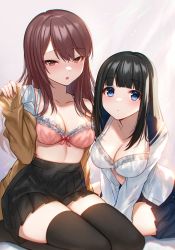 Rule 34 | 2girls, :o, absurdres, bare shoulders, black hair, black sailor collar, black skirt, black thighhighs, blue eyes, blush, bow, bow bra, bra, breasts, brown cardigan, brown eyes, brown hair, cardigan, cleavage, closed mouth, collarbone, commentary request, highres, hoshimiya aki, long hair, long sleeves, looking at viewer, medium breasts, multiple girls, nail polish, no shoes, off shoulder, open cardigan, open clothes, open shirt, original, parted lips, pinching sleeves, pink bra, pink nails, pleated skirt, sailor collar, school uniform, seiza, serafuku, shirt, sitting, skirt, sleeves past wrists, teeth, thighhighs, underwear, upper teeth only, very long hair, white bra, white shirt