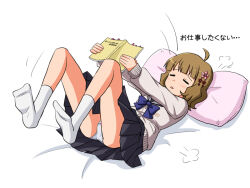 Rule 34 | 1girl, puff of air, ahoge, black skirt, blue bow, blue bowtie, book, bow, bowtie, brown hair, cardigan, closed eyes, commentary, dot nose, flower, grey cardigan, hair flower, hair ornament, holding, holding book, idolmaster, idolmaster million live!, legs, lielos, light blush, long sleeves, lying, medium hair, no shoes, on back, on bed, panties, pantyshot, parted lips, pillow, pleated skirt, sidelocks, skirt, socks, solo, suou momoko, thighs, translation request, underwear, wavy hair, white background, white panties, white socks