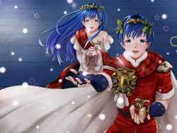 Rule 34 | 1boy, 1girl, aplche, blue eyes, blue hair, box, brother and sister, cape, elice (fire emblem), elice (winter) (fire emblem), fingerless gloves, fire emblem, fire emblem: mystery of the emblem, fire emblem heroes, fur trim, gift, gift box, gloves, holding, holding gift, long hair, long sleeves, marth (fire emblem), marth (winter) (fire emblem), nintendo, open mouth, own hands clasped, own hands together, short hair, short sleeves, siblings, tiara