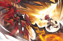Rule 34 | 1boy, 1girl, armor, armored dress, crimson avenger (elsword), elesis (elsword), elsword, elsword (character), energy sword, gloves, long hair, lord knight (elsword), octoman, ponytail, red eyes, red hair, sword, thighhighs, weapon, wings