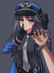 Rule 34 | 1boy, 1girl, arm up, black shirt, black survival, blue headwear, blue jacket, breasts, character request, closed mouth, collared shirt, cuffs, green eyes, grey background, grey hair, grey necktie, hand up, handcuffs, hat, highres, jacket, lock, long sleeves, medium breasts, necktie, open clothes, open jacket, padlock, peaked cap, puffy long sleeves, puffy sleeves, shirt, simple background, smile, solo focus, stratosphere (coom1017)