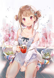 Rule 34 | 1girl, :d, bare shoulders, between legs, black bow, blush, bow, breasts, brown hair, cleavage, coffee mug, collarbone, cup, double bun, dress, gilse, grey dress, hair bun, hair ornament, holding, jacket, long hair, long sleeves, looking at viewer, medium breasts, mug, no shoes, off shoulder, open clothes, open jacket, open mouth, original, red eyes, sidelocks, sitting, sleeveless, sleeveless dress, smile, socks, solo, spaghetti strap, striped clothes, striped socks, wariza, white jacket