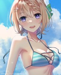 Rule 34 | 1girl, artist name, bare arms, bare shoulders, bikini, blonde hair, blue bikini, blush, breasts, dated, day, hair between eyes, hair ornament, hairclip, haruka faraway716, highres, kantai collection, looking at viewer, medium breasts, open mouth, outdoors, perth (kancolle), purple eyes, short hair, smile, solo, swimsuit, twitter username, upper body