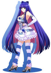 Rule 34 | 10s, 1girl, breasts, detached sleeves, dress, high heels, long hair, multicolored hair, panty &amp; stocking with garterbelt, shoes, solo, stocking (psg), striped clothes, striped dress, striped legwear, zero (ymaw)