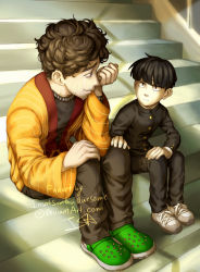 Rule 34 | 2boys, arm up, artist name, black hair, black jacket, black pants, blunt bangs, brown hair, buttons, closed mouth, crying, crying with eyes open, curly hair, facial hair, full body, green footwear, hand on another&#039;s knee, hand on own knee, insertsomthinawesome, jacket, kageyama shigeo, long sleeves, looking at another, male focus, mob psycho 100, multiple boys, pants, school uniform, serizawa katsuya, shadow, shoes, short hair, signature, sitting, sitting on stairs, smile, sneakers, stairs, straight hair, stubble, tears, watermark, web address, white footwear