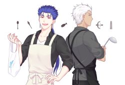 Rule 34 | 2boys, apron, archer (fate), bag, blue hair, brown eyes, casual, crossed arms, cu chulainn (fate), cu chulainn (fate/stay night), dark-skinned male, dark skin, dress shirt, fate/hollow ataraxia, fate/stay night, fate (series), ladle, long hair, male focus, mikkat, multiple boys, official alternate costume, ponytail, red eyes, shirt, white hair