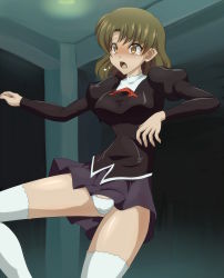 Rule 34 | 1girl, absurdres, agent aika, aika (series), ascot, black delmo, black jacket, black skirt, blonde hair, blush, breasts, brown eyes, clam curry, crotch seam, delmo, delmogeny uniform, hands up, highres, indoors, jacket, juliet sleeves, long sleeves, medium breasts, misaki (agent aika), nose blush, open mouth, panties, pantyshot, pleated skirt, puffy sleeves, red ascot, short hair, skirt, solo, thighhighs, thighs, underwear, uniform, white panties, white thighhighs, wind, wind lift