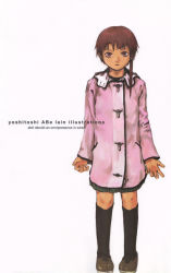 Rule 34 | 1990s (style), 1girl, abe yoshitoshi, brown eyes, brown hair, female focus, hair ornament, hairclip, highres, iwakura lain, official art, raincoat, retro artstyle, scan, serial experiments lain, solo, standing, white background