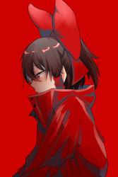 Rule 34 | 1girl, alternate costume, bow, brown hair, expressionless, from side, hair bow, hair tubes, hakurei reimu, hands in pockets, highres, jacket, jpeg artifacts, long sleeves, looking down, medium hair, ponytail, red background, red bow, red eyes, red jacket, simple background, solo, touhou, uchisaki himari, upper body